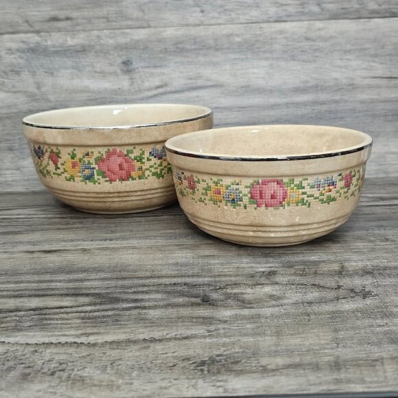 Harker Hotoven Other - Harker Hotoven 1930s Vintage Pottery Serving Petit Point Floral Mixing Bowl Set
